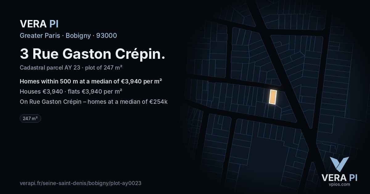 3 Rue Gaston Crépin, Bobigny at night – the plot lit, the parcels around coloured by the prices near them