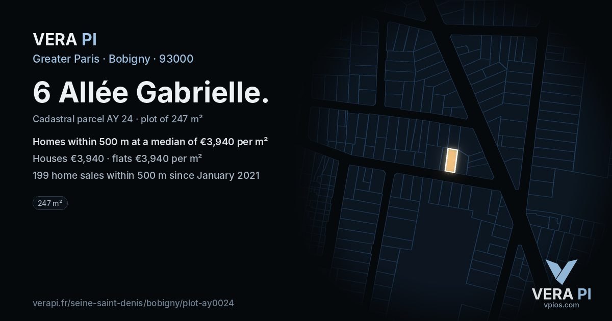 6 Allée Gabrielle, Bobigny at night – the plot lit, the parcels around coloured by the prices near them