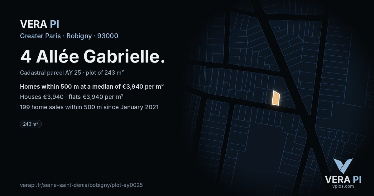 4 Allée Gabrielle, Bobigny at night – the plot lit, the parcels around coloured by the prices near them