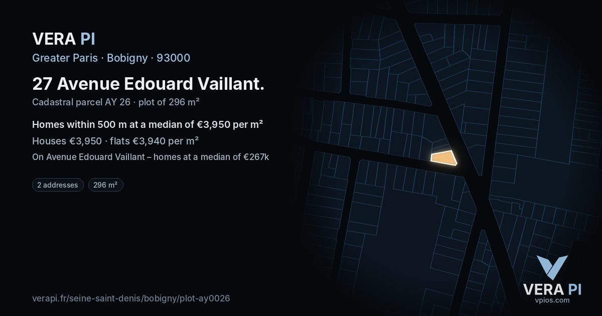 27 Avenue Edouard Vaillant, Bobigny at night – the plot lit, the parcels around coloured by the prices near them