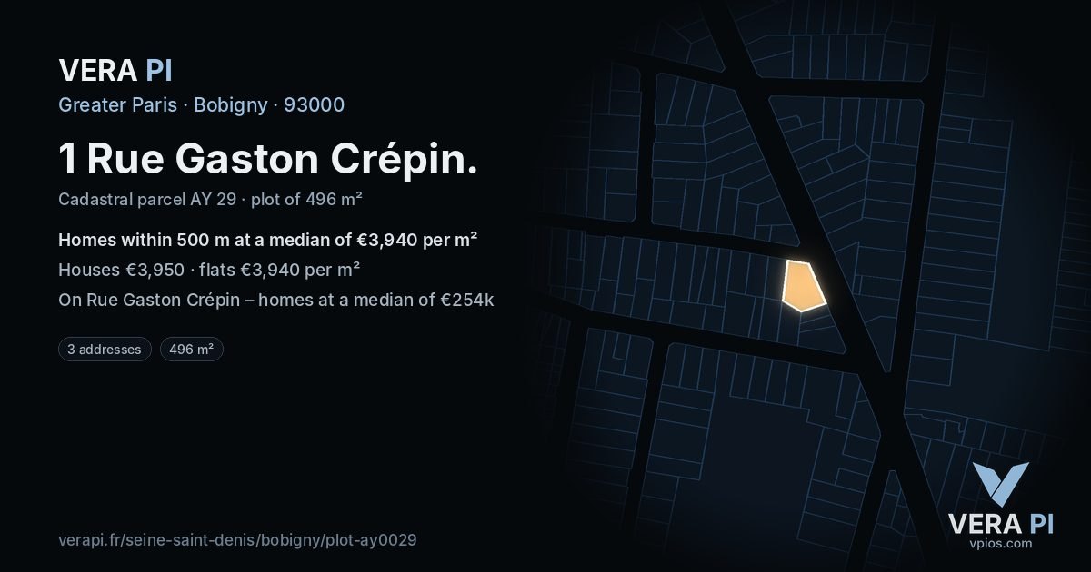 1 Rue Gaston Crépin, Bobigny at night – the plot lit, the parcels around coloured by the prices near them