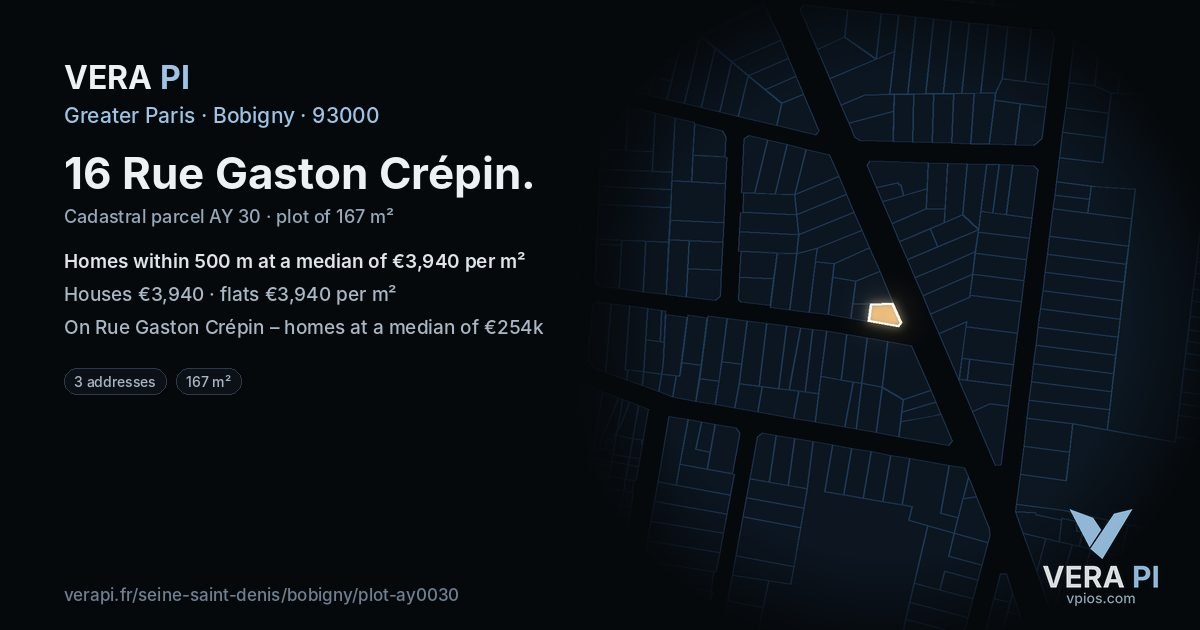 16 Rue Gaston Crépin, Bobigny at night – the plot lit, the parcels around coloured by the prices near them