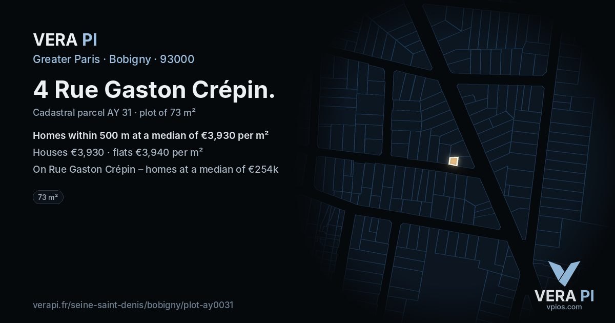 4 Rue Gaston Crépin, Bobigny at night – the plot lit, the parcels around coloured by the prices near them