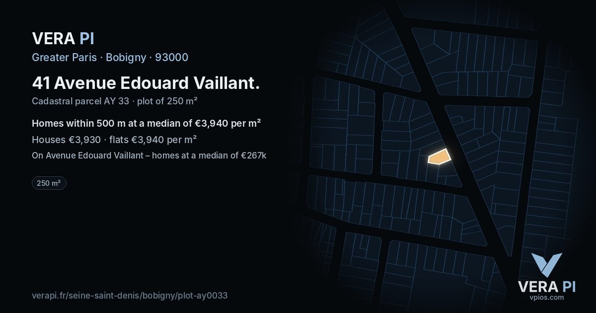 41 Avenue Edouard Vaillant, Bobigny at night – the plot lit, the parcels around coloured by the prices near them