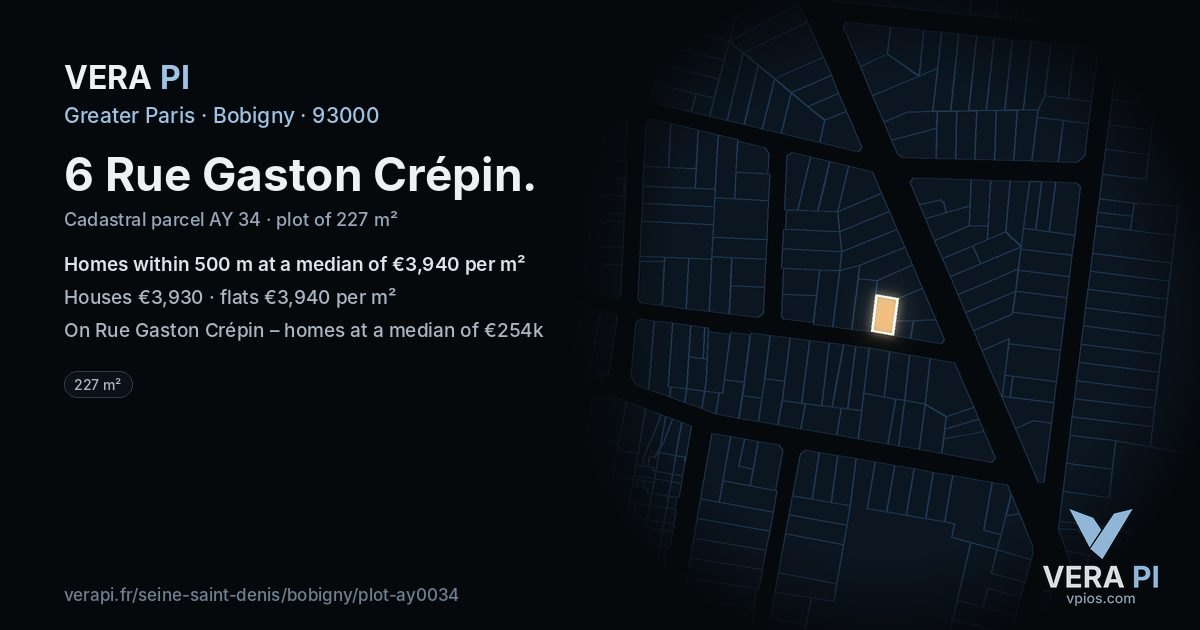 6 Rue Gaston Crépin, Bobigny at night – the plot lit, the parcels around coloured by the prices near them
