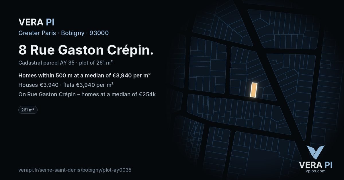 8 Rue Gaston Crépin, Bobigny at night – the plot lit, the parcels around coloured by the prices near them