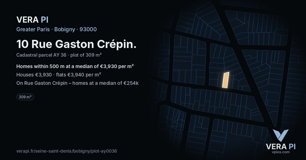 10 Rue Gaston Crépin, Bobigny at night – the plot lit, the parcels around coloured by the prices near them
