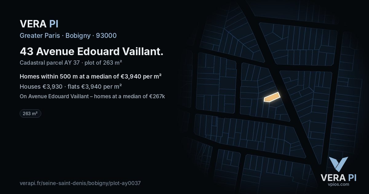 43 Avenue Edouard Vaillant, Bobigny at night – the plot lit, the parcels around coloured by the prices near them