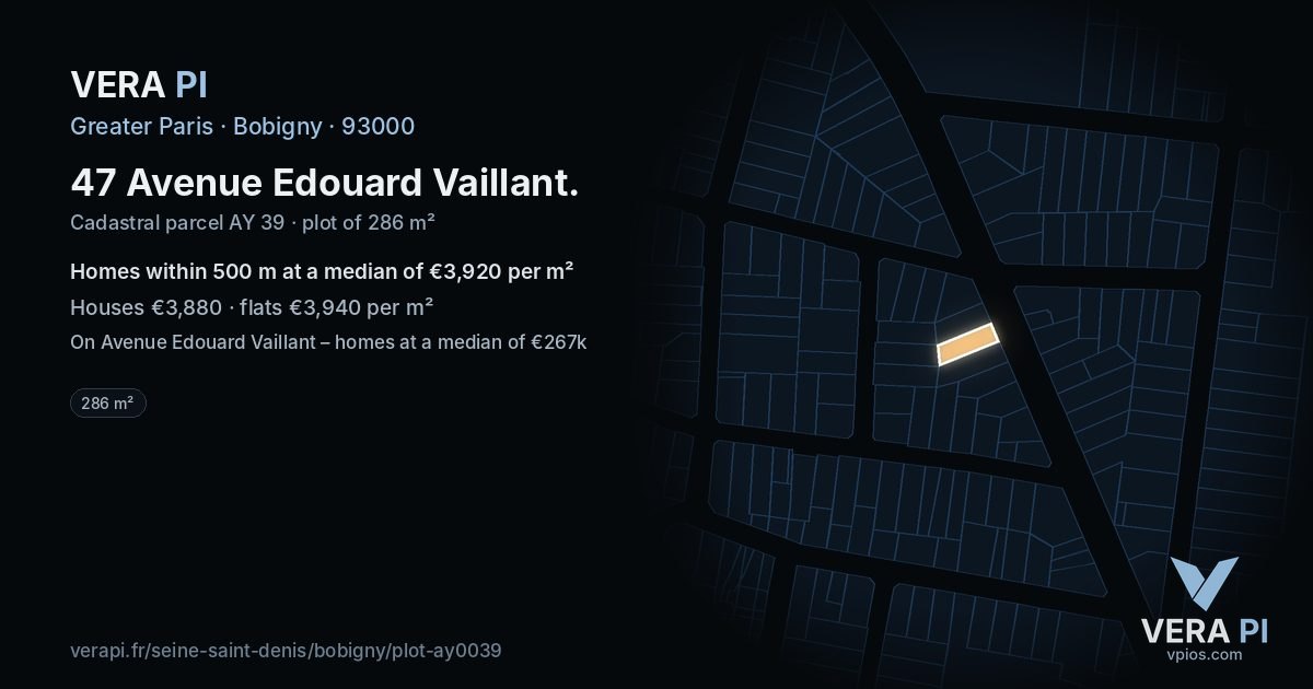 47 Avenue Edouard Vaillant, Bobigny at night – the plot lit, the parcels around coloured by the prices near them