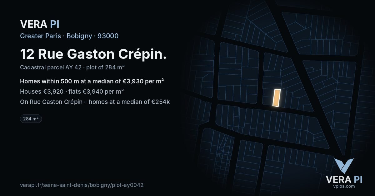 12 Rue Gaston Crépin, Bobigny at night – the plot lit, the parcels around coloured by the prices near them
