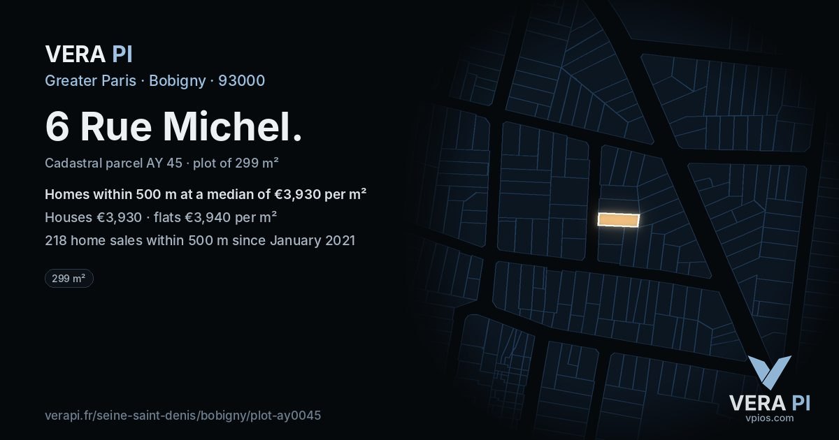 6 Rue Michel, Bobigny at night – the plot lit, the parcels around coloured by the prices near them