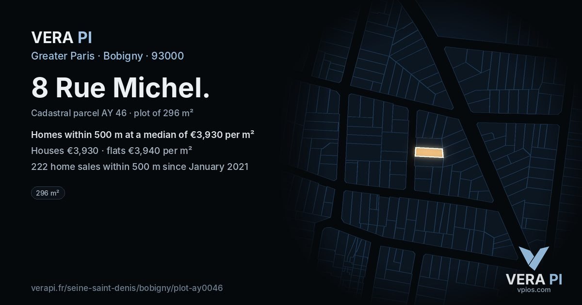 8 Rue Michel, Bobigny at night – the plot lit, the parcels around coloured by the prices near them