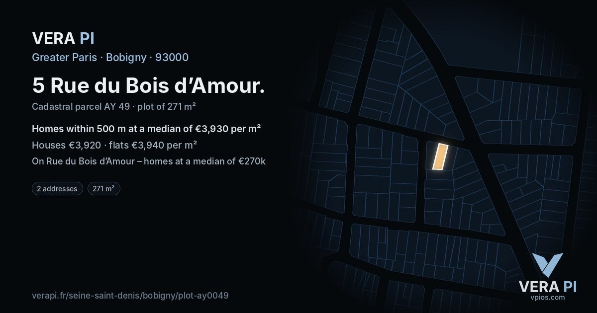 5 Rue du Bois d’Amour, Bobigny at night – the plot lit, the parcels around coloured by the prices near them