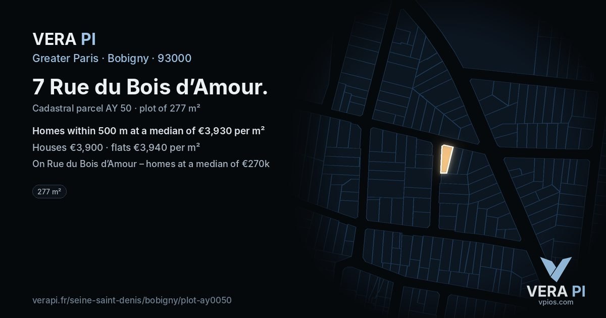 7 Rue du Bois d’Amour, Bobigny at night – the plot lit, the parcels around coloured by the prices near them