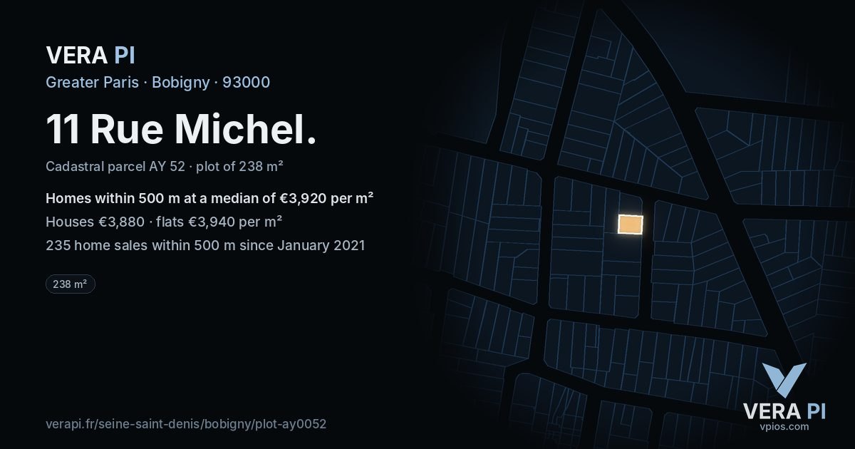 11 Rue Michel, Bobigny at night – the plot lit, the parcels around coloured by the prices near them