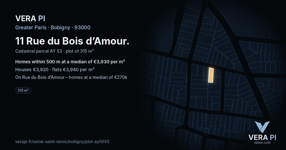 11 Rue du Bois d’Amour, Bobigny at night – the plot lit, the parcels around coloured by the prices near them