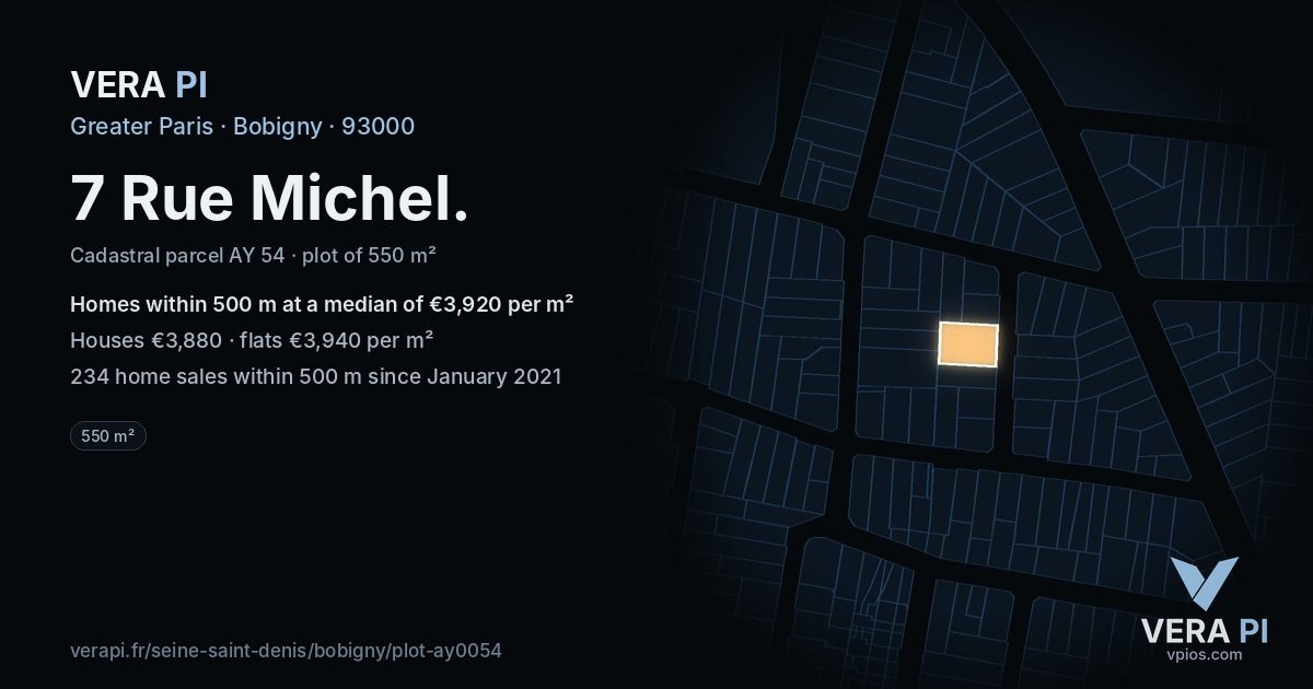 7 Rue Michel, Bobigny at night – the plot lit, the parcels around coloured by the prices near them
