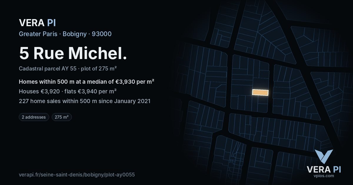 5 Rue Michel, Bobigny at night – the plot lit, the parcels around coloured by the prices near them