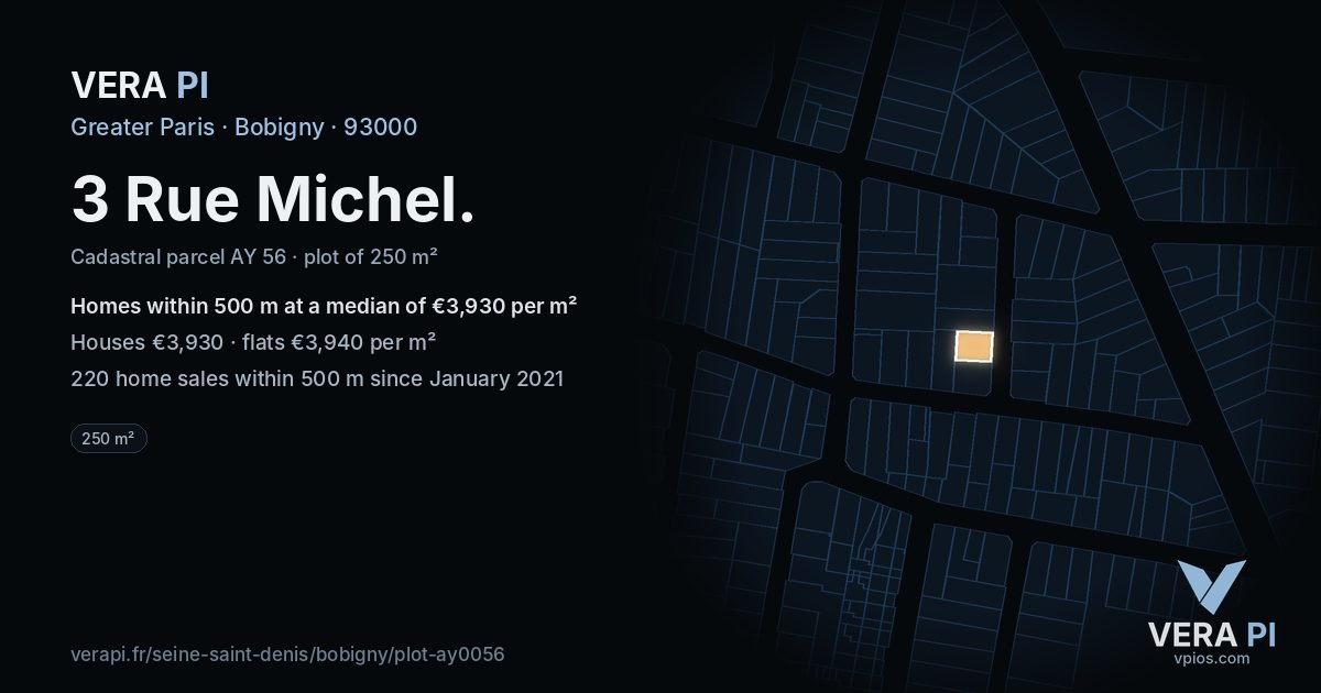 3 Rue Michel, Bobigny at night – the plot lit, the parcels around coloured by the prices near them