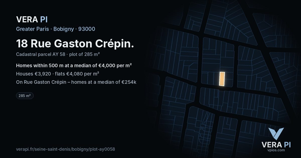 18 Rue Gaston Crépin, Bobigny at night – the plot lit, the parcels around coloured by the prices near them