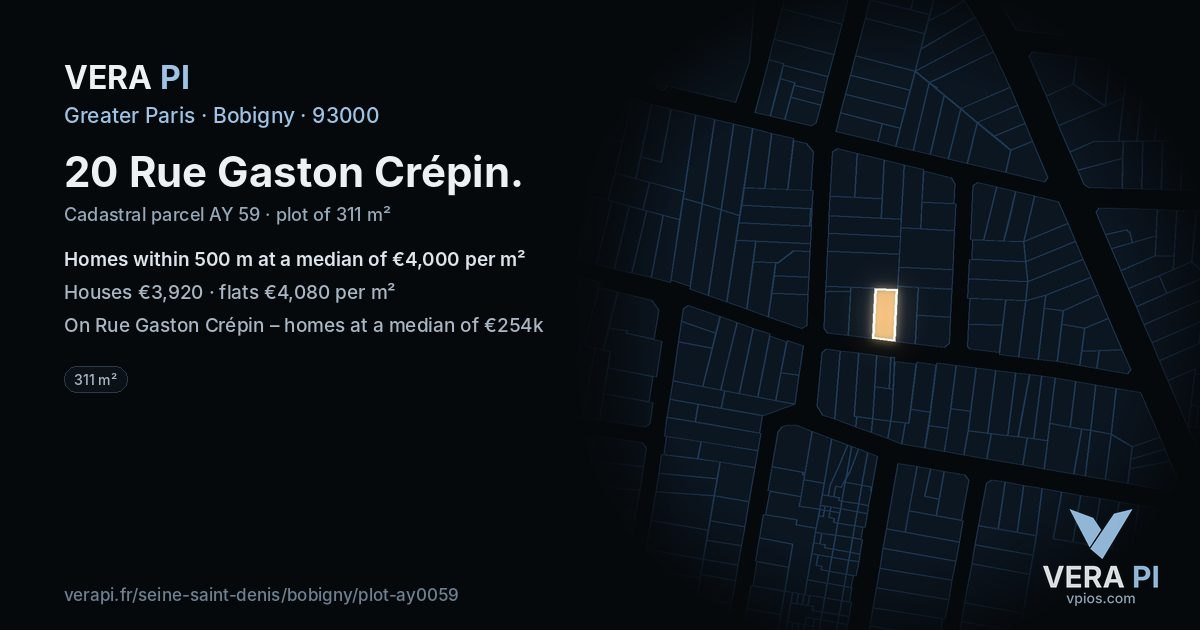 20 Rue Gaston Crépin, Bobigny at night – the plot lit, the parcels around coloured by the prices near them