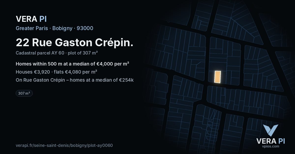 22 Rue Gaston Crépin, Bobigny at night – the plot lit, the parcels around coloured by the prices near them