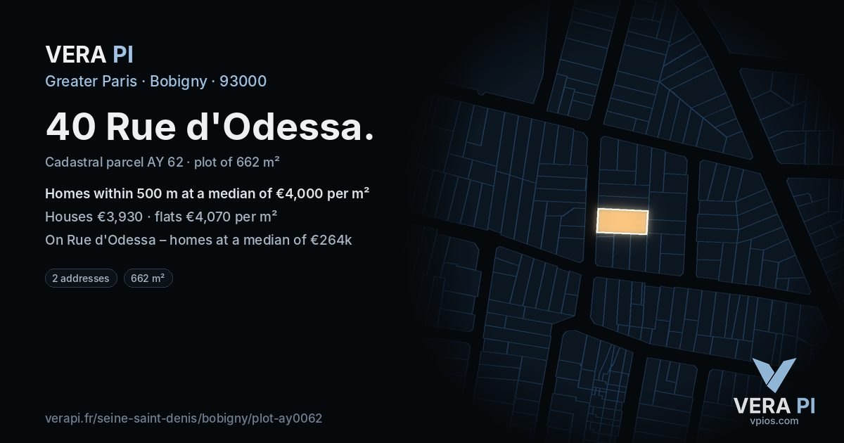 40 Rue d'Odessa, Bobigny at night – the plot lit, the parcels around coloured by the prices near them