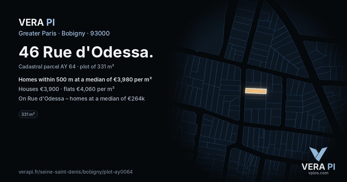 46 Rue d'Odessa, Bobigny at night – the plot lit, the parcels around coloured by the prices near them