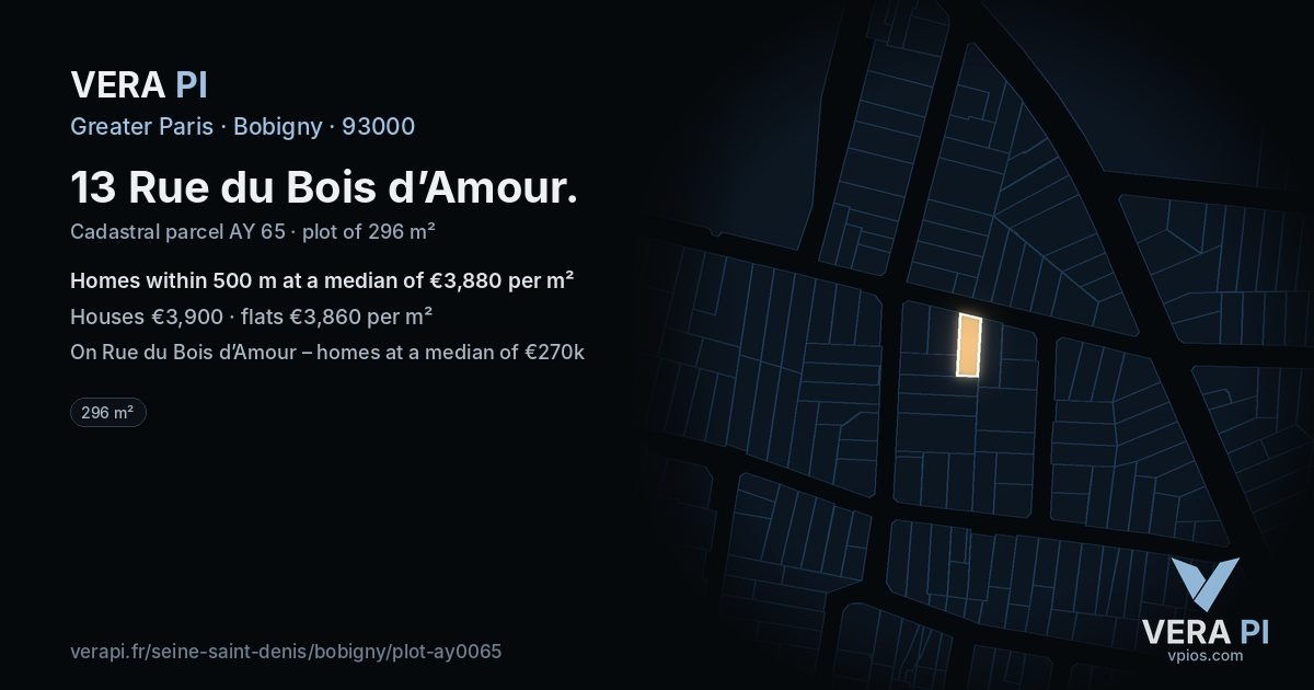 13 Rue du Bois d’Amour, Bobigny at night – the plot lit, the parcels around coloured by the prices near them