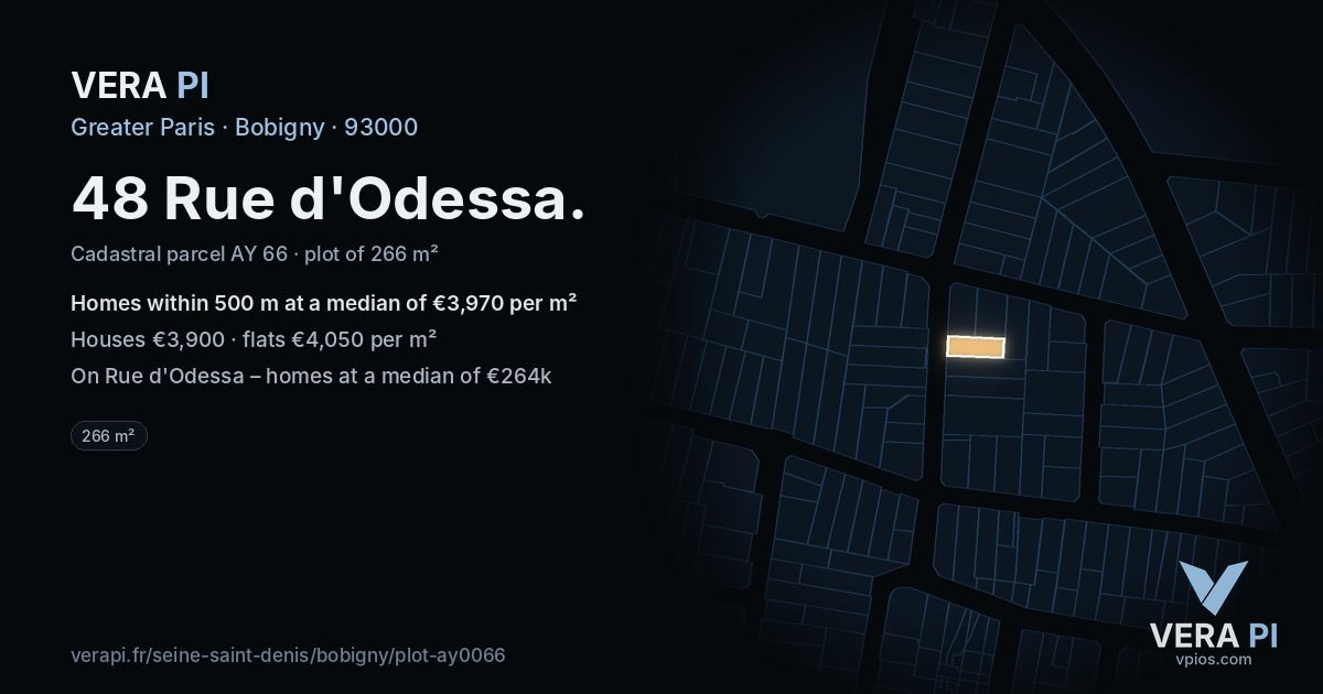 48 Rue d'Odessa, Bobigny at night – the plot lit, the parcels around coloured by the prices near them
