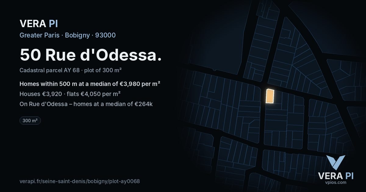 50 Rue d'Odessa, Bobigny at night – the plot lit, the parcels around coloured by the prices near them