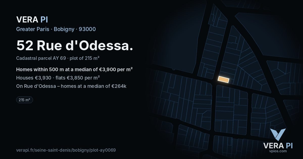 52 Rue d'Odessa, Bobigny at night – the plot lit, the parcels around coloured by the prices near them