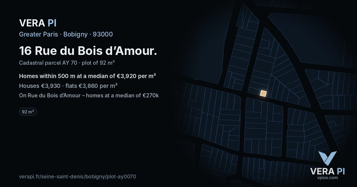 16 Rue du Bois d’Amour, Bobigny at night – the plot lit, the parcels around coloured by the prices near them