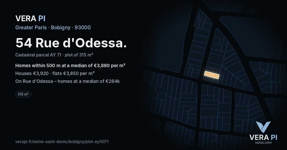 54 Rue d'Odessa, Bobigny at night – the plot lit, the parcels around coloured by the prices near them