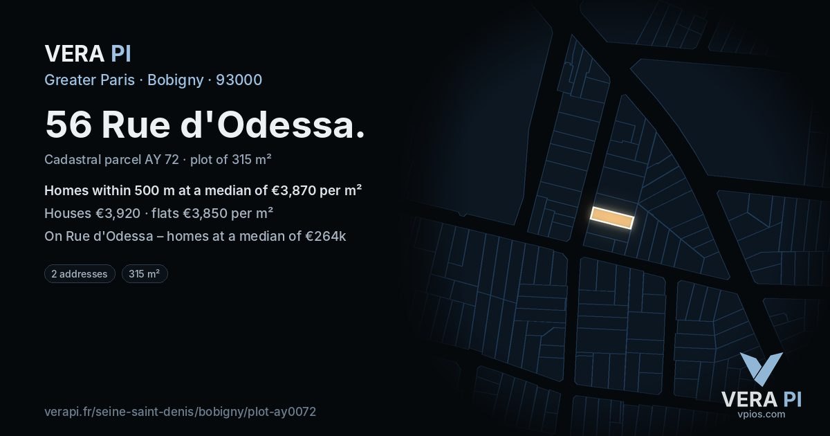 56 Rue d'Odessa, Bobigny at night – the plot lit, the parcels around coloured by the prices near them