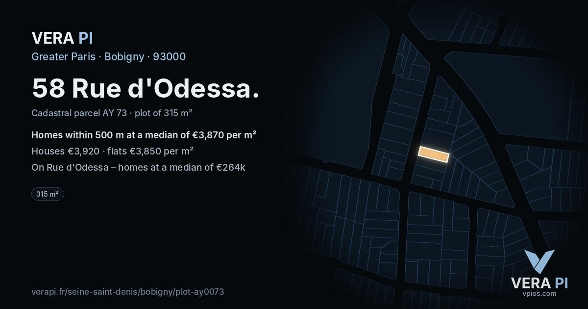 58 Rue d'Odessa, Bobigny at night – the plot lit, the parcels around coloured by the prices near them