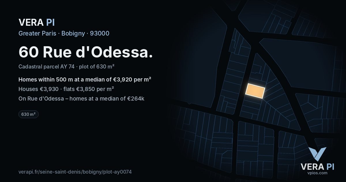 60 Rue d'Odessa, Bobigny at night – the plot lit, the parcels around coloured by the prices near them