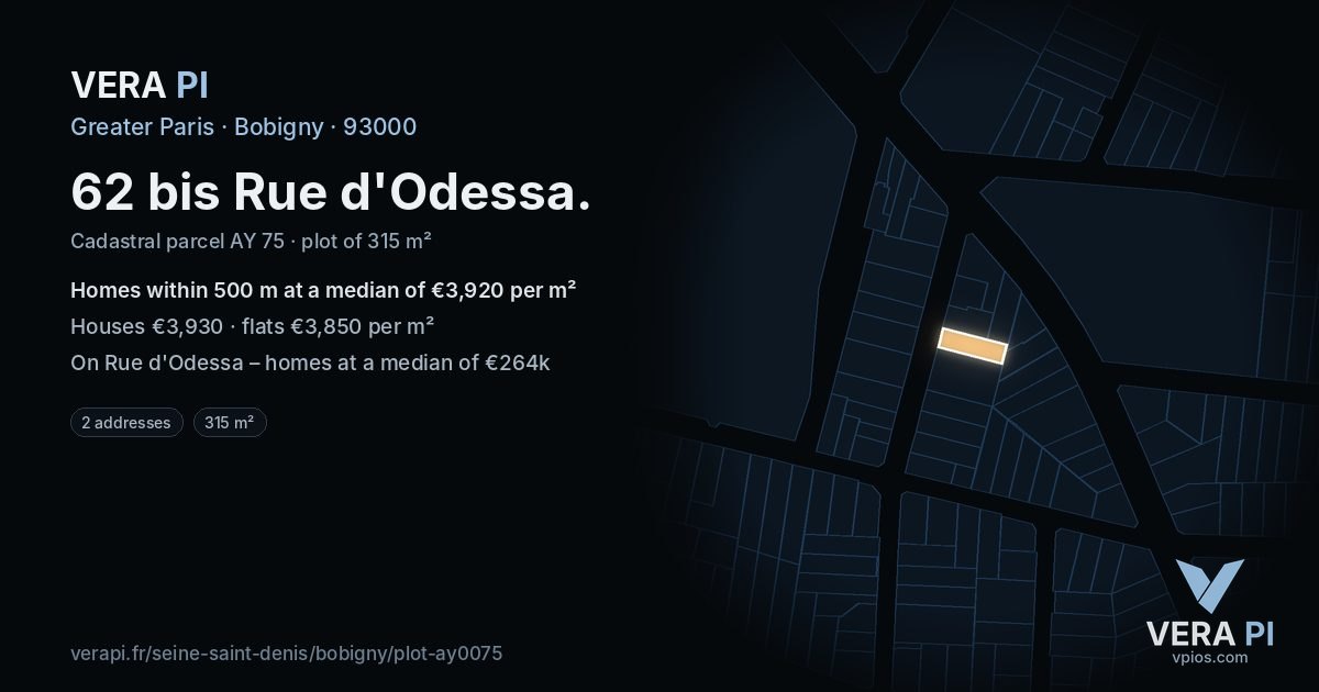 62 bis Rue d'Odessa, Bobigny at night – the plot lit, the parcels around coloured by the prices near them
