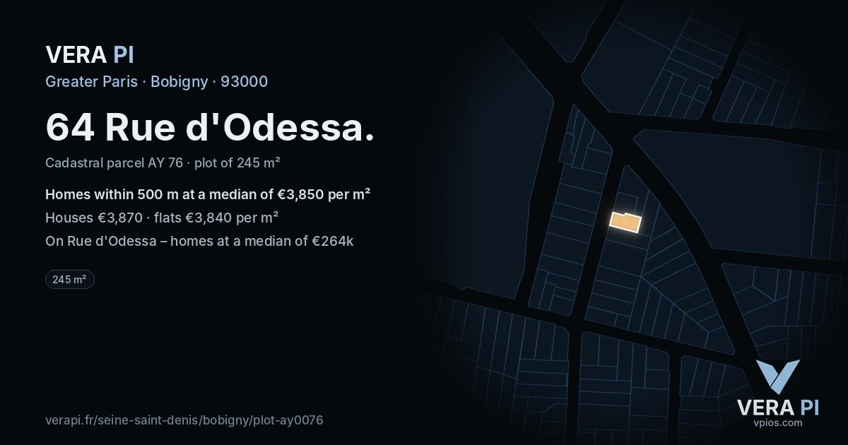 64 Rue d'Odessa, Bobigny at night – the plot lit, the parcels around coloured by the prices near them