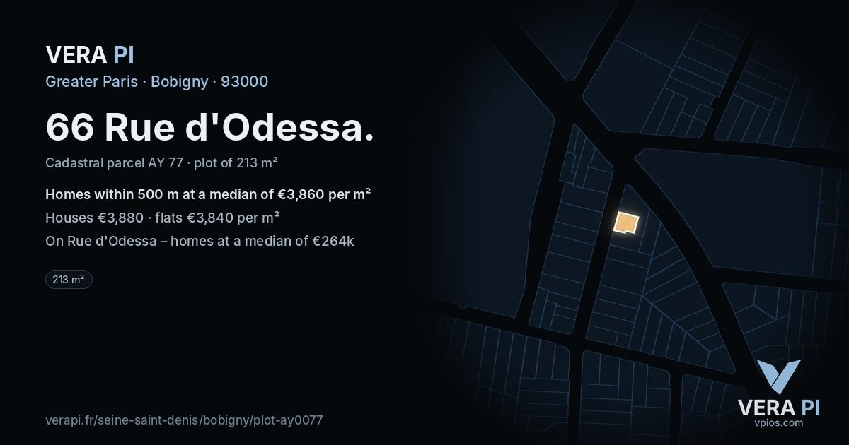 66 Rue d'Odessa, Bobigny at night – the plot lit, the parcels around coloured by the prices near them