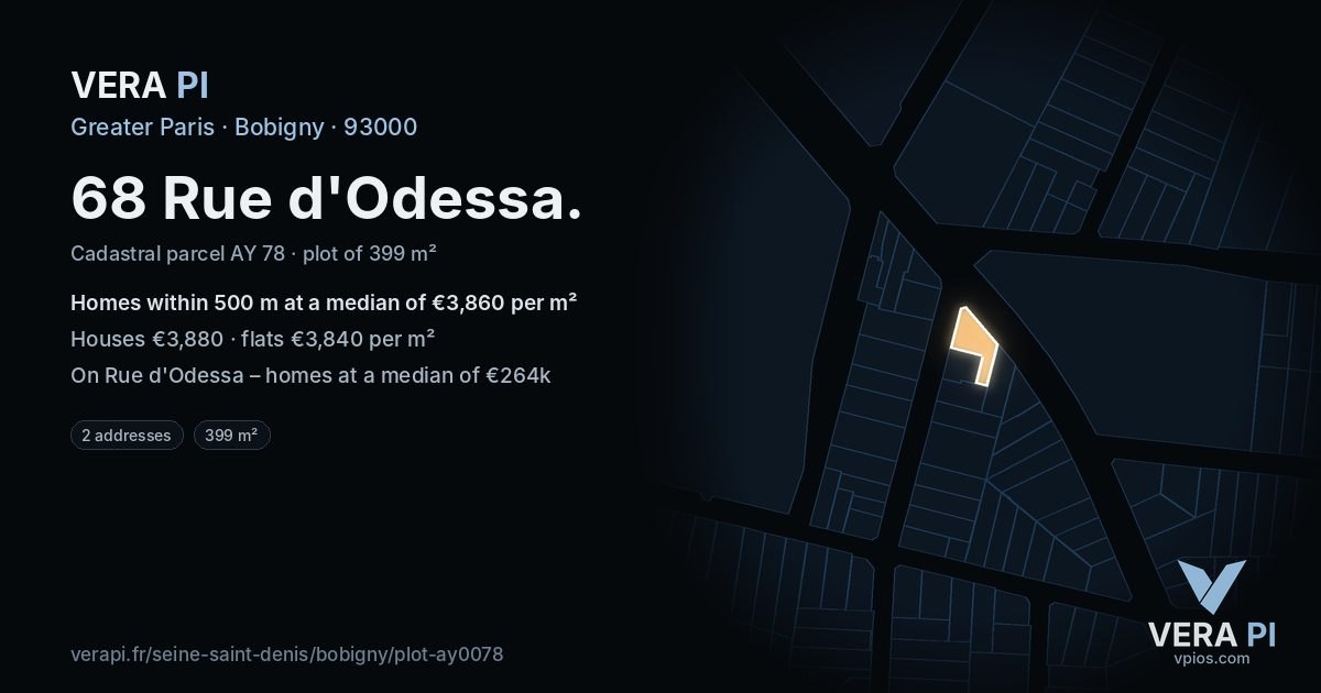 68 Rue d'Odessa, Bobigny at night – the plot lit, the parcels around coloured by the prices near them