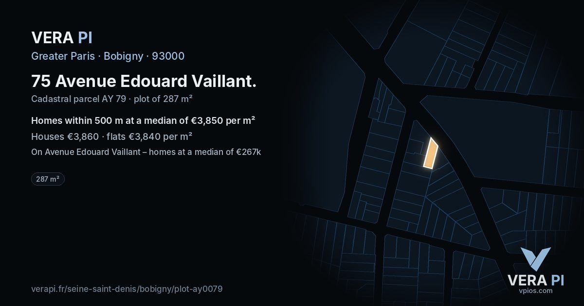 75 Avenue Edouard Vaillant, Bobigny at night – the plot lit, the parcels around coloured by the prices near them