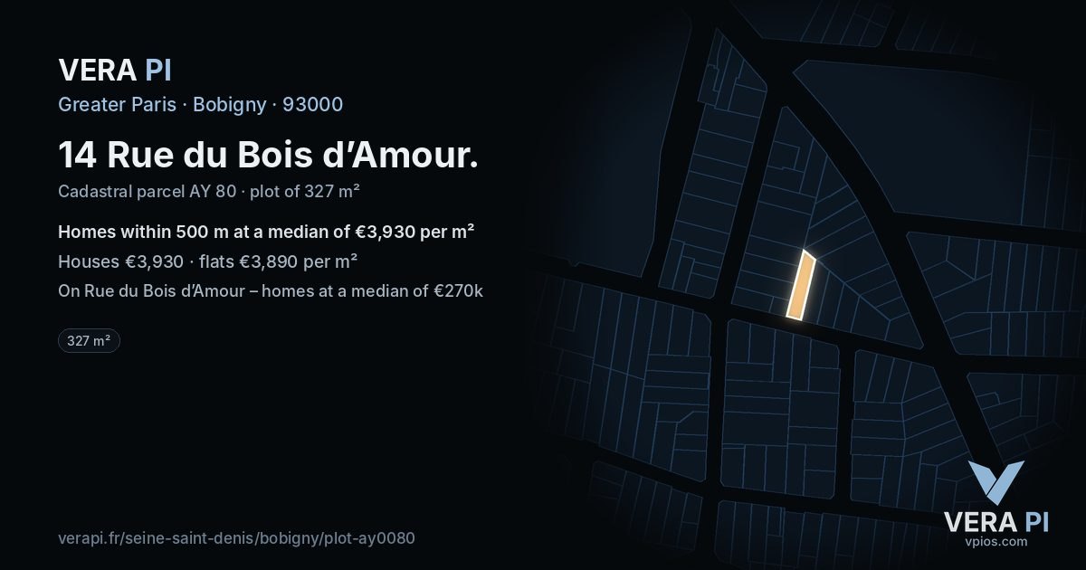 14 Rue du Bois d’Amour, Bobigny at night – the plot lit, the parcels around coloured by the prices near them