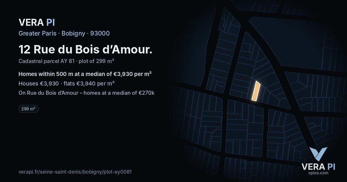 12 Rue du Bois d’Amour, Bobigny at night – the plot lit, the parcels around coloured by the prices near them