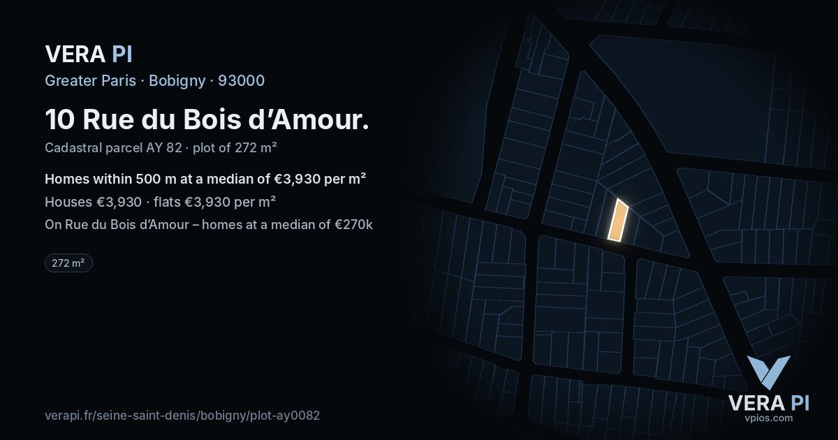 10 Rue du Bois d’Amour, Bobigny at night – the plot lit, the parcels around coloured by the prices near them