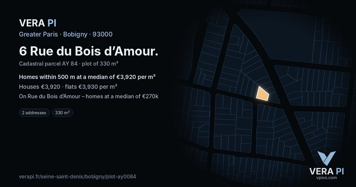 6 Rue du Bois d’Amour, Bobigny at night – the plot lit, the parcels around coloured by the prices near them
