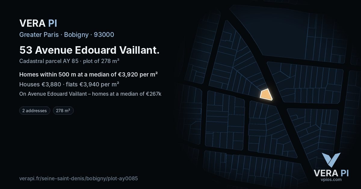 53 Avenue Edouard Vaillant, Bobigny at night – the plot lit, the parcels around coloured by the prices near them
