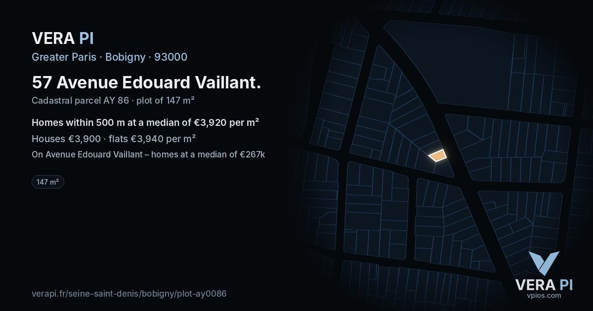 57 Avenue Edouard Vaillant, Bobigny at night – the plot lit, the parcels around coloured by the prices near them