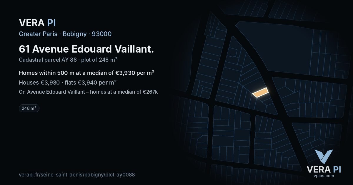 61 Avenue Edouard Vaillant, Bobigny at night – the plot lit, the parcels around coloured by the prices near them