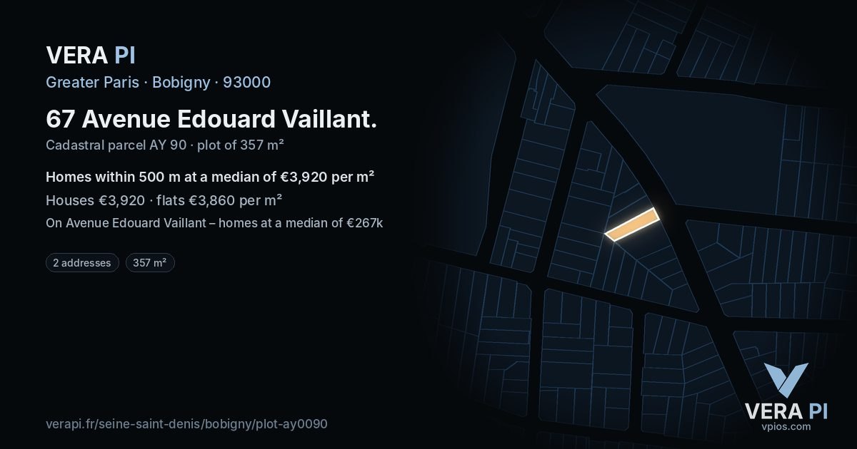 67 Avenue Edouard Vaillant, Bobigny at night – the plot lit, the parcels around coloured by the prices near them